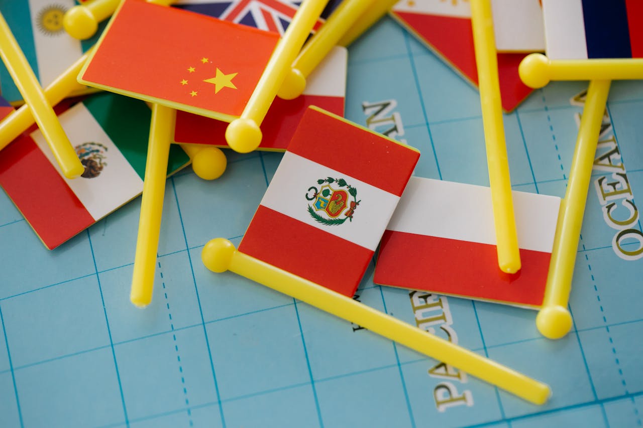 Collection of miniature flags on a world map representing global diversity.